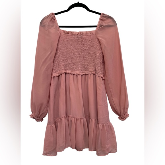 1.STATE Smocked Babydoll Dress Pink Sheer Sleeve Romantic Fairycore - Picture 3 of 5